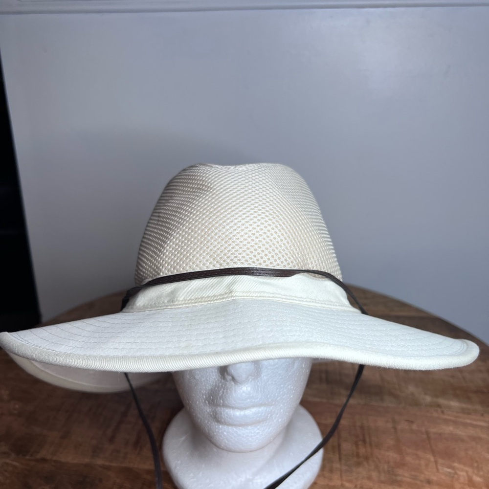 Coolibar Wide Brim Sun Hat in Cream with Brown Trim